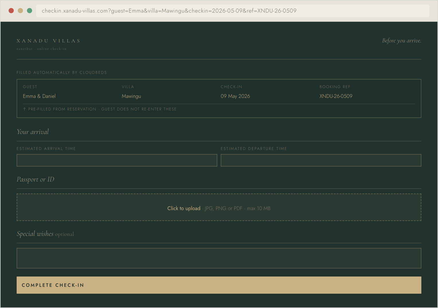 Pre-arrival check-in form for Xanadu Villas guests